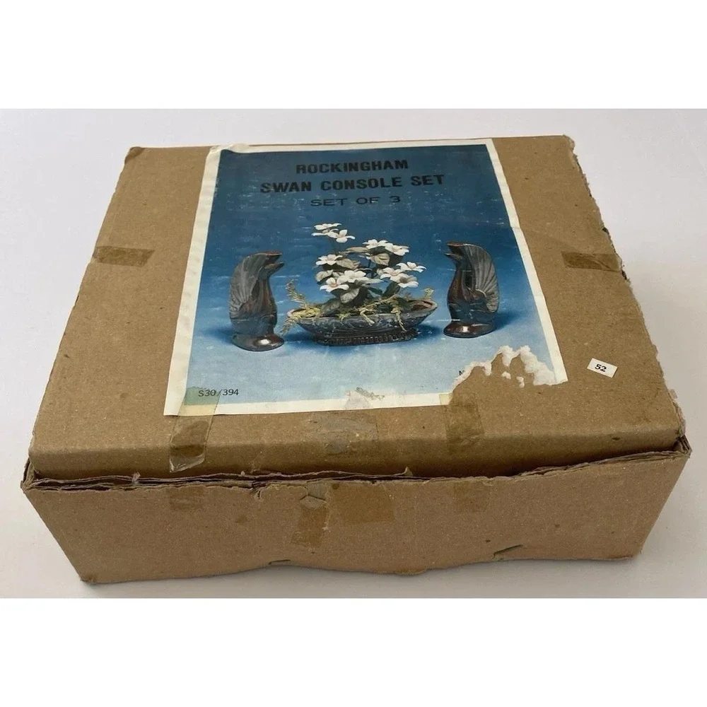 Vintage Swan Planter Set Rockingham Brown‎ Drip Glaze Console Mid Century W Box